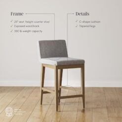 Nathan James Gracie Modern Bar Stool Counter Height Barstool with Back, Upholstered Kitchen Island Stool with Solid Wood Legs, Gray/Light Brown