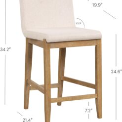 Nathan James Gracie Modern Counter Height Bar Stool with Back, Counter Stool Upholstered Chair with Natural Flax White Fabric and Brushed Light Brown Wooden Legs, Natural Flax/Brown