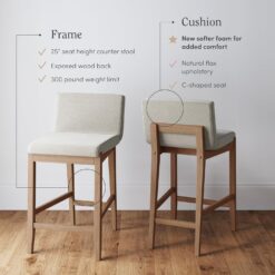 Nathan James Gracie Modern Counter Height Bar Stool with Back, Counter Stool Upholstered Chair with Natural Flax White Fabric and Brushed Light Brown Wooden Legs, Natural Flax/Brown