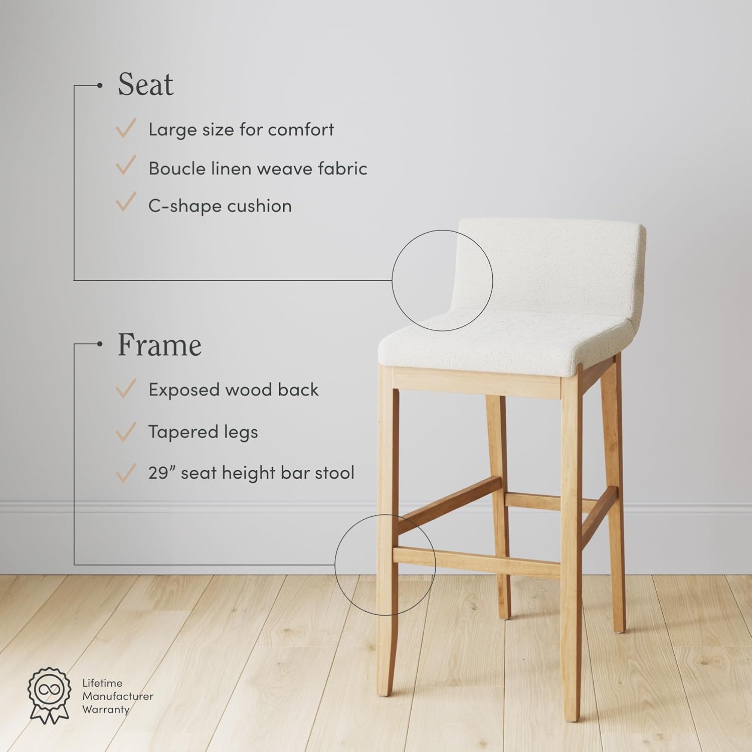 Nathan James Gracie Modern Upholstered Bar Stool, Wooden Bar Stool for Kitchen Island with Boucle Upholstery, Cream Boucle/Warm Pine