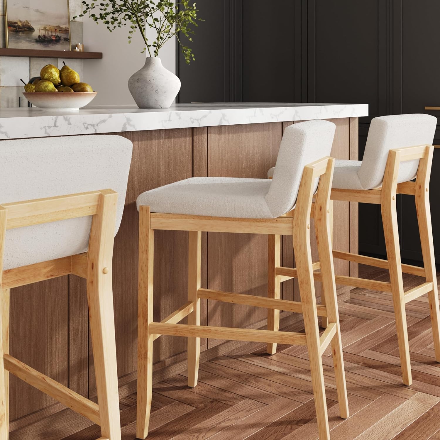 Nathan James Gracie Modern Upholstered Bar Stool, Wooden Bar Stool for Kitchen Island with Boucle Upholstery, Cream Boucle/Warm Pine