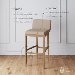 Nathan James Gracie Modern Bar Stool with Back, Cushioned Bar Height Stool with Natural Flax Upholstery and Brushed Wooden Legs, Natural Flax/Brown