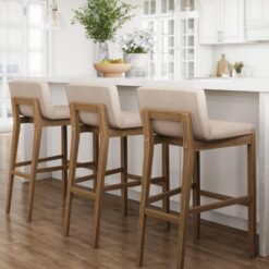 Nathan James Gracie Modern Bar Stool with Back, Cushioned Bar Height Stool with Natural Flax Upholstery and Brushed Wooden Legs, Natural Flax/Brown