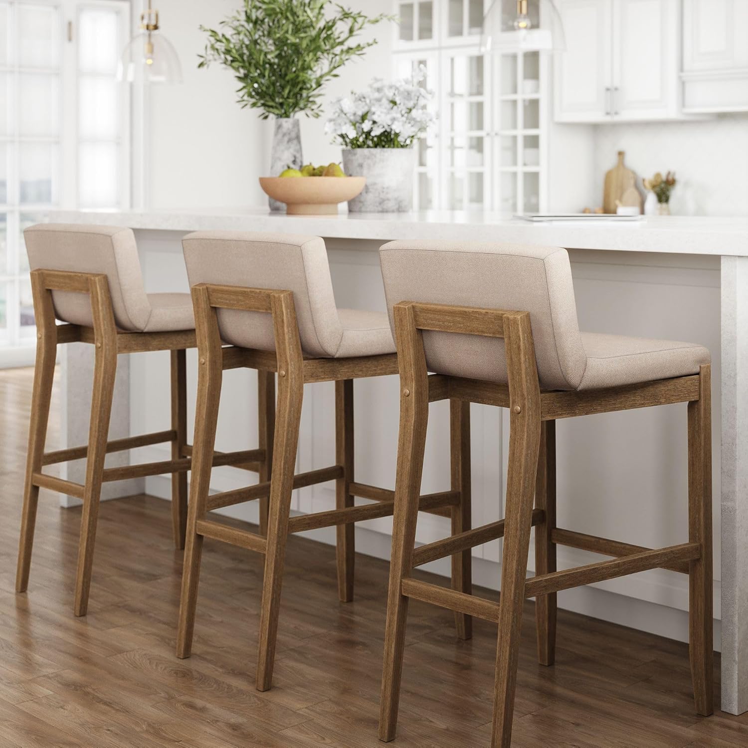 Nathan James Gracie Modern Bar Stool with Back, Cushioned Bar Height Stool with Natural Flax Upholstery and Brushed Wooden Legs, Natural Flax/Brown