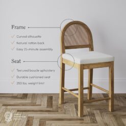 Nathan James Bailey Boucle Upholstered Rattan Bar Stool, Counter Height Stool with Natural Rattan Woven Back For Kitchen Island, Light Brown