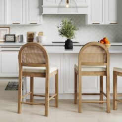 Nathan James Bailey Boucle Upholstered Rattan Bar Stool, Counter Height Stool with Natural Rattan Woven Back For Kitchen Island, Light Brown
