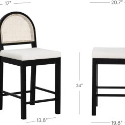 Nathan James Bailey Boucle Upholstered Rattan Bar Stool, Counter Height Stool with Natural Rattan Woven Back For Kitchen Island, White/Black Oak