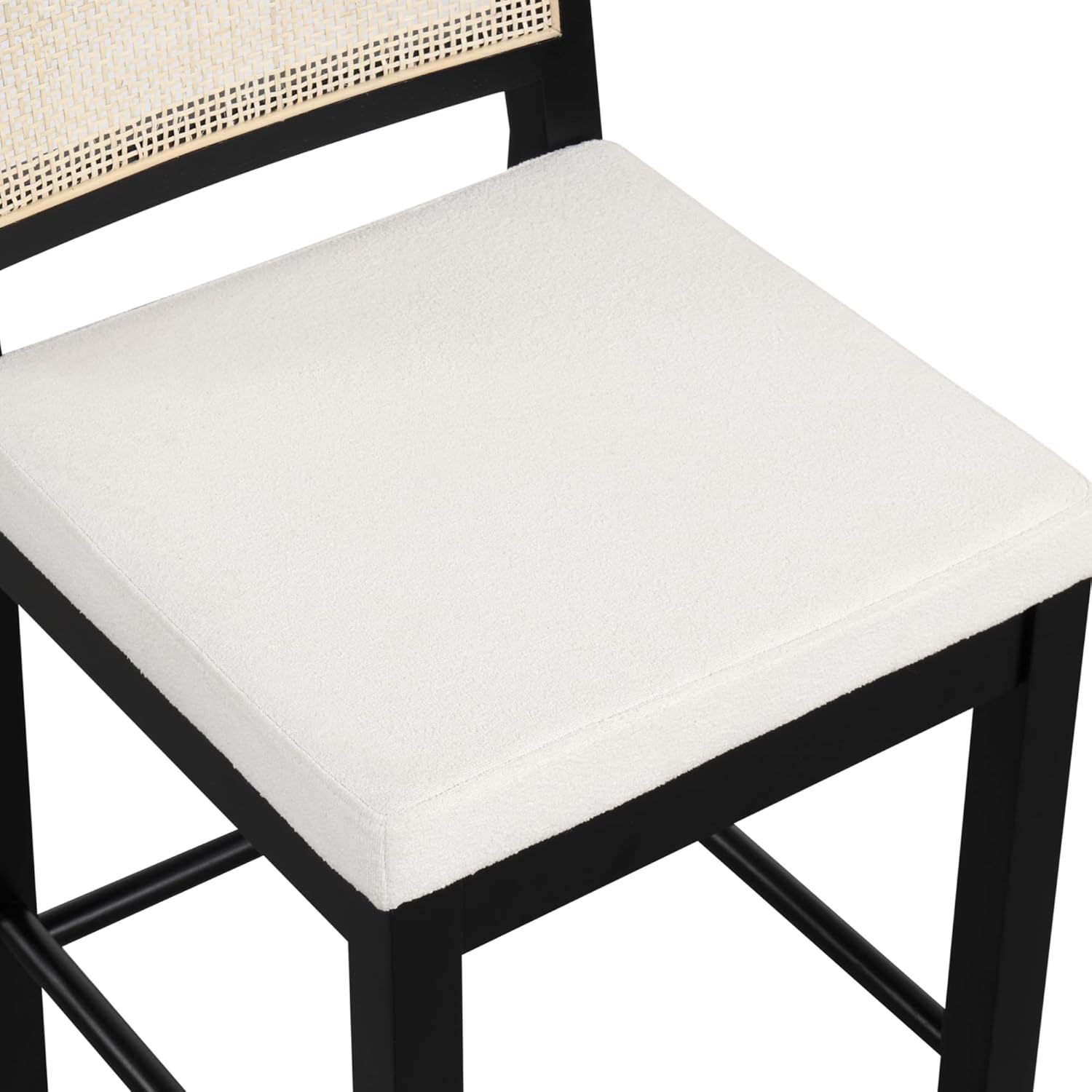 Nathan James Bailey Boucle Upholstered Rattan Bar Stool, Counter Height Stool with Natural Rattan Woven Back For Kitchen Island, White/Black Oak