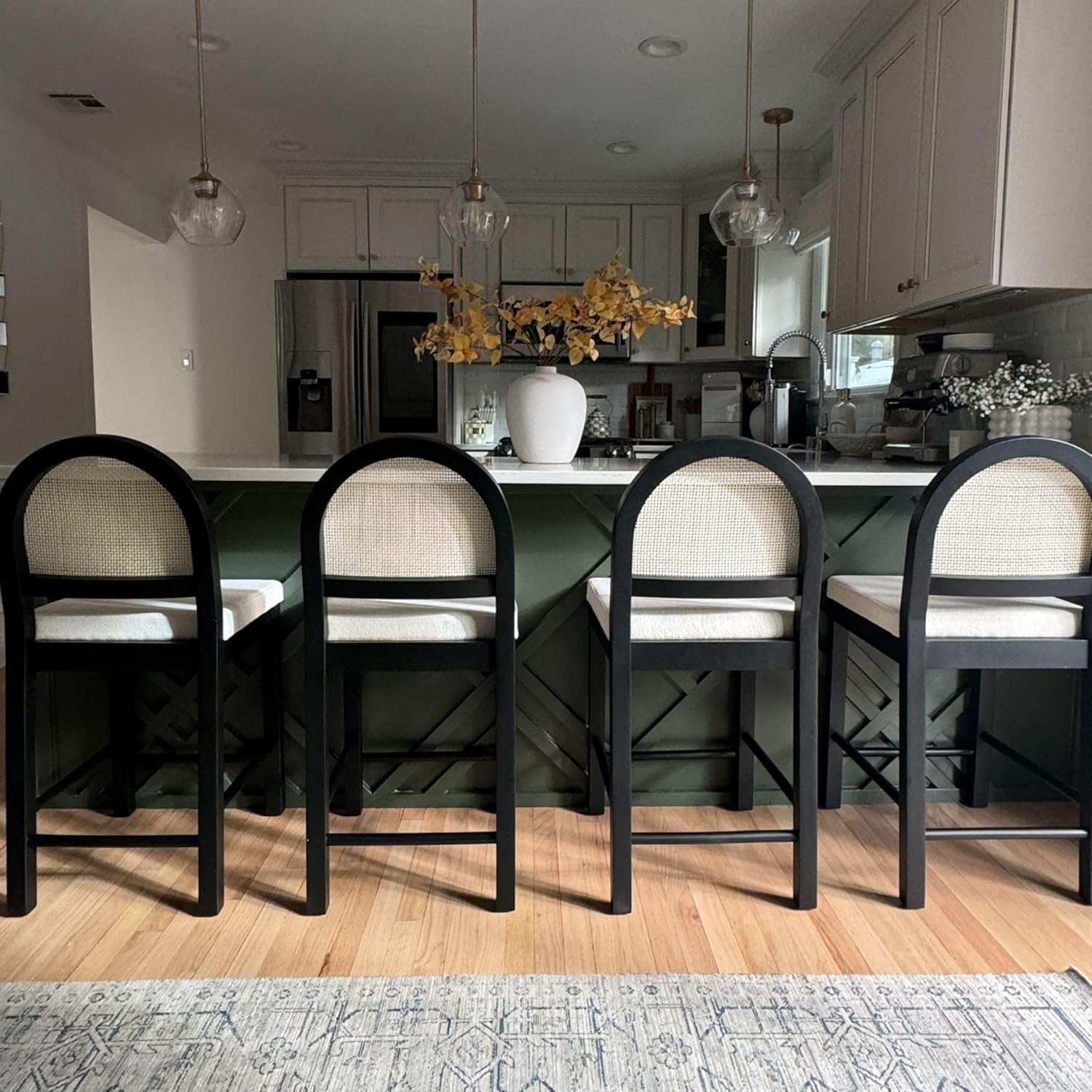Nathan James Bailey Boucle Upholstered Rattan Bar Stool, Counter Height Stool with Natural Rattan Woven Back For Kitchen Island, White/Black Oak
