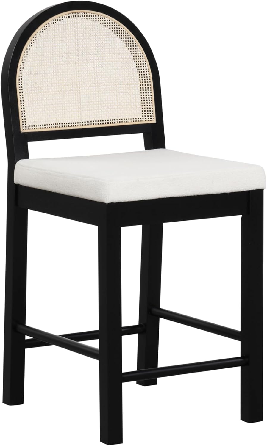 Nathan James Bailey Boucle Upholstered Rattan Bar Stool, Counter Height Stool with Natural Rattan Woven Back For Kitchen Island, White/Black Oak