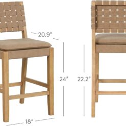 Nathan James Cohen Mid-Century Modern Leather Bar Stool, Counter Height Chair in Solid Wood Frame with Footrest and Woven Leather Back for Kitchen, Natural Brown, 1 count, Barstool - 24