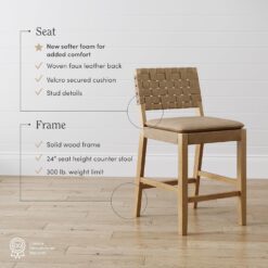 Nathan James Cohen Mid-Century Modern Leather Bar Stool, Counter Height Chair in Solid Wood Frame with Footrest and Woven Leather Back for Kitchen, Natural Brown, 1 count, Barstool - 24