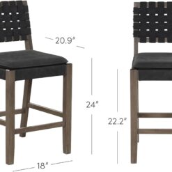 Nathan James Cohen Mid-Century Modern Leather Bar Stool, Counter Height Chair in Solid Wood Frame with Footrest and Woven Leather Back for Kitchen, Black