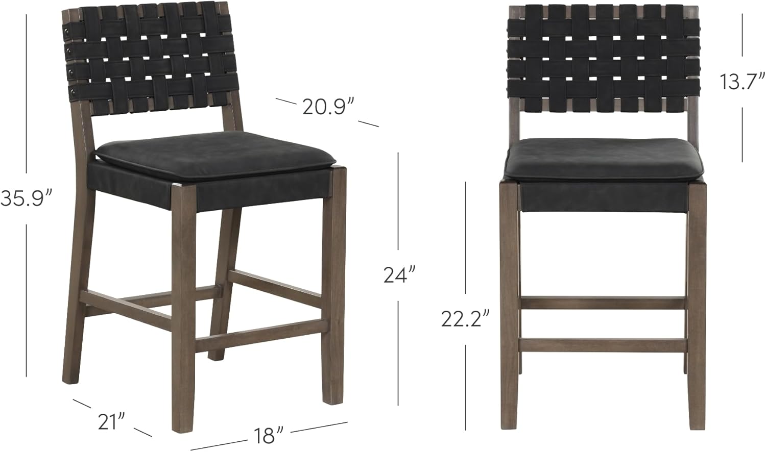 Nathan James Cohen Mid-Century Modern Leather Bar Stool, Counter Height Chair in Solid Wood Frame with Footrest and Woven Leather Back for Kitchen, Black