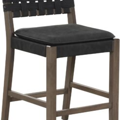 Nathan James Cohen Mid-Century Modern Leather Bar Stool, Counter Height Chair in Solid Wood Frame with Footrest and Woven Leather Back for Kitchen, Black