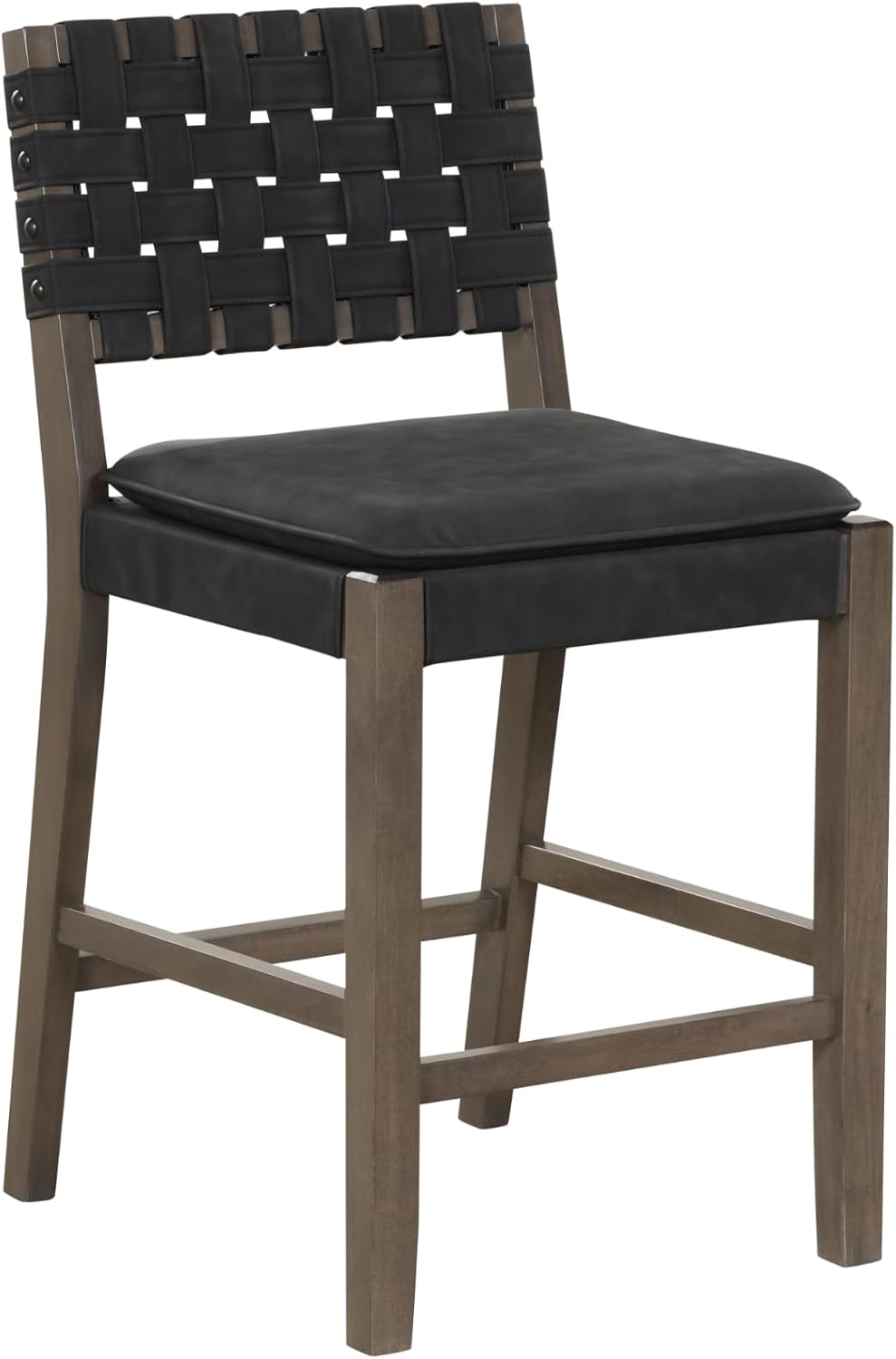 Nathan James Cohen Mid-Century Modern Leather Bar Stool, Counter Height Chair in Solid Wood Frame with Footrest and Woven Leather Back for Kitchen, Black