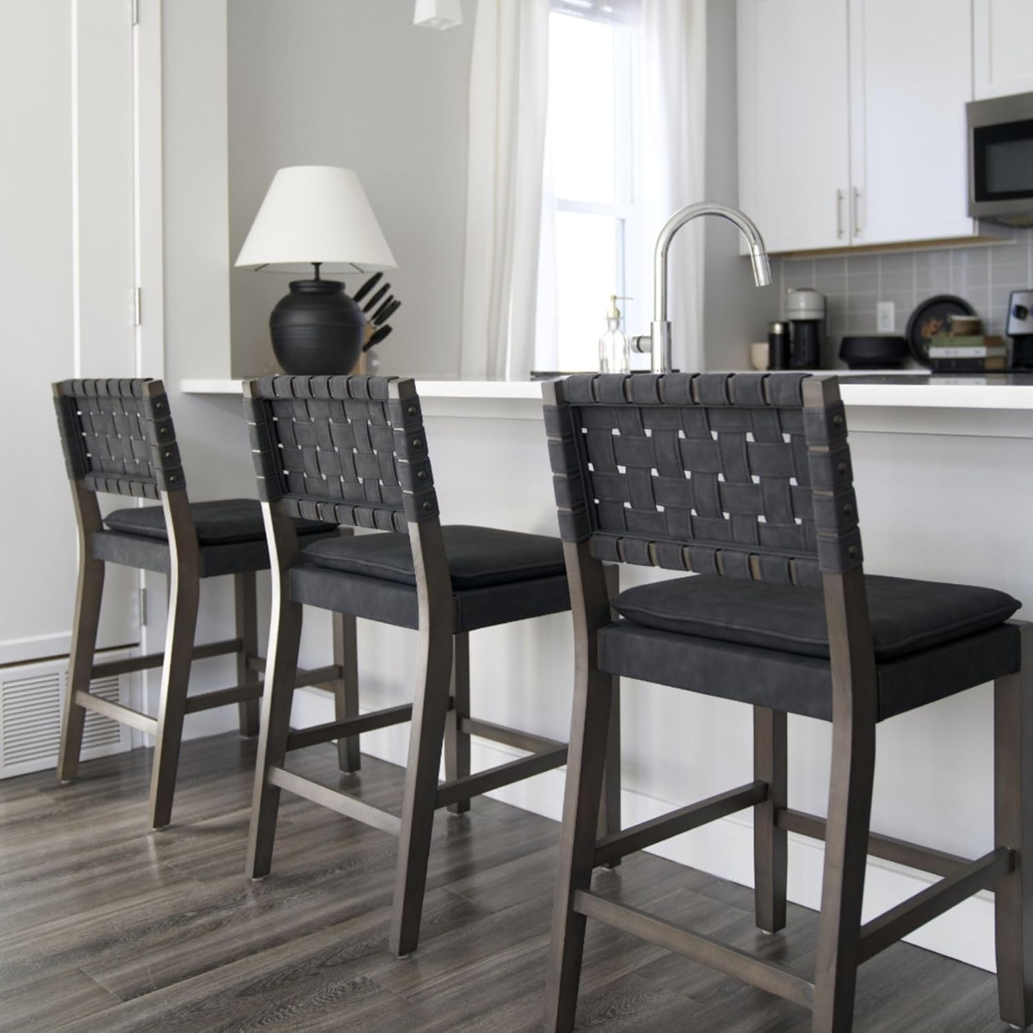 Nathan James Cohen Mid-Century Modern Leather Bar Stool, Counter Height Chair in Solid Wood Frame with Footrest and Woven Leather Back for Kitchen, Black