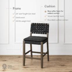 Nathan James Cohen Mid-Century Modern Leather Bar Stool, Counter Height Chair in Solid Wood Frame with Footrest and Woven Leather Back for Kitchen, Black