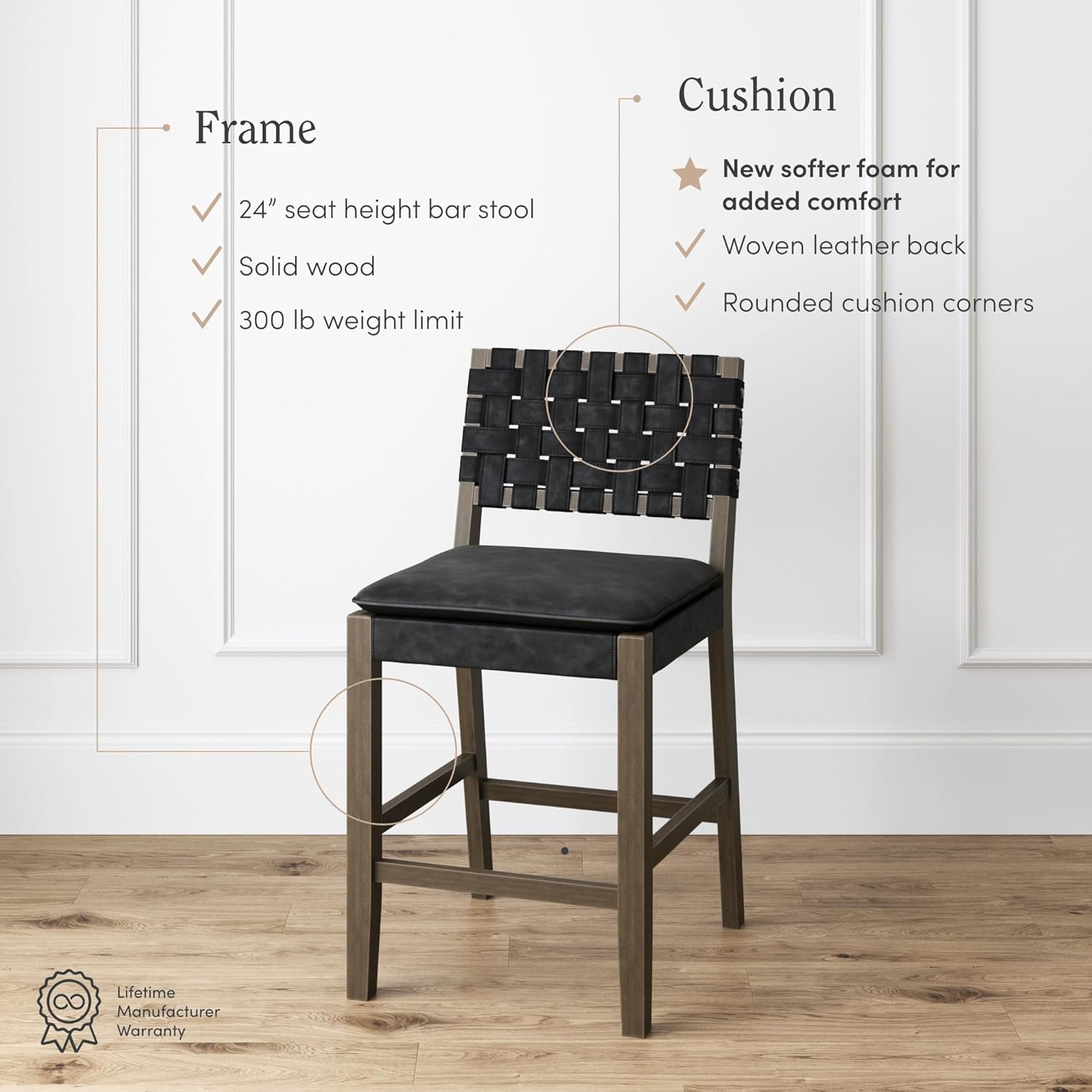 Nathan James Cohen Mid-Century Modern Leather Bar Stool, Counter Height Chair in Solid Wood Frame with Footrest and Woven Leather Back for Kitchen, Black