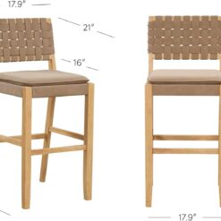 Nathan James Cohen Mid-Century Modern 29 in. Wood Bar Stool, Upholstered Faux Leather Bar Height Stool with Solid Wood Frame, Natural Brown