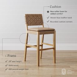 Nathan James Cohen Mid-Century Modern 29 in. Wood Bar Stool, Upholstered Faux Leather Bar Height Stool with Solid Wood Frame, Natural Brown