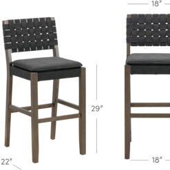 Nathan James Cohen Mid-Century Modern 29 in. Wood Bar Stool, Upholstered Faux Leather Bar Height Stool with Solid Wood Frame, Black