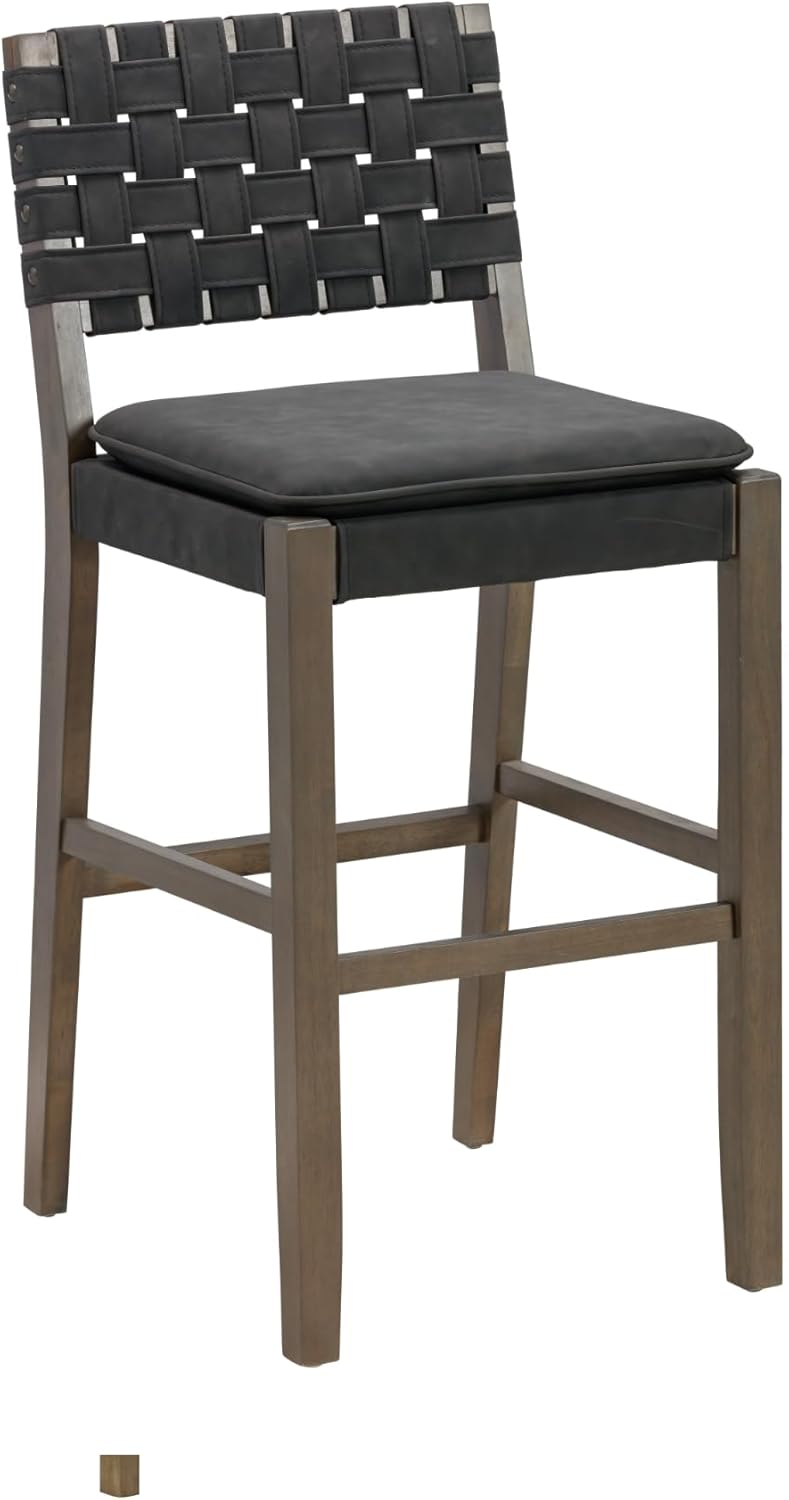 Nathan James Cohen Mid-Century Modern 29 in. Wood Bar Stool, Upholstered Faux Leather Bar Height Stool with Solid Wood Frame, Black