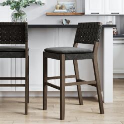 Nathan James Cohen Mid-Century Modern 29 in. Wood Bar Stool, Upholstered Faux Leather Bar Height Stool with Solid Wood Frame, Black