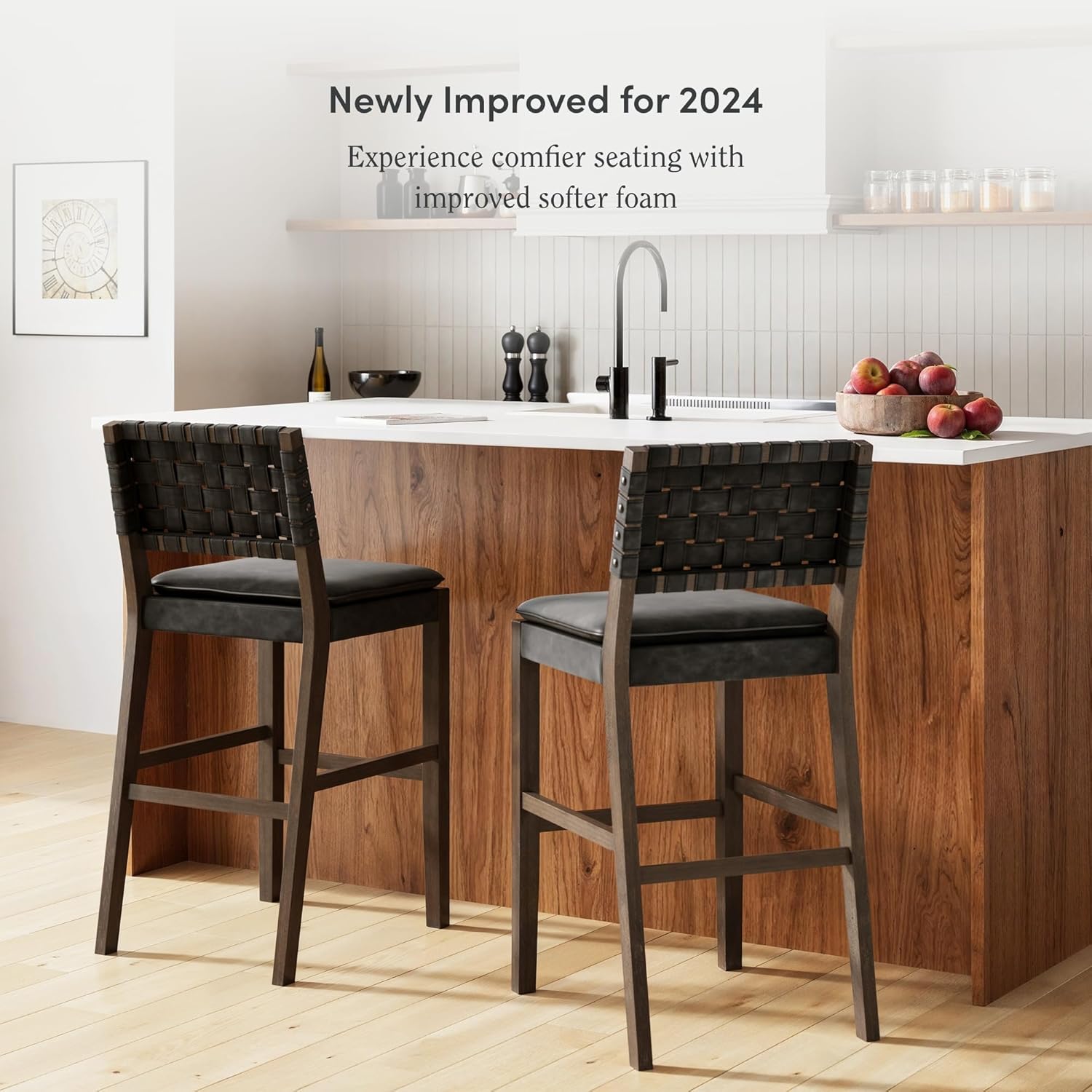 Nathan James Cohen Mid-Century Modern 29 in. Wood Bar Stool, Upholstered Faux Leather Bar Height Stool with Solid Wood Frame, Black