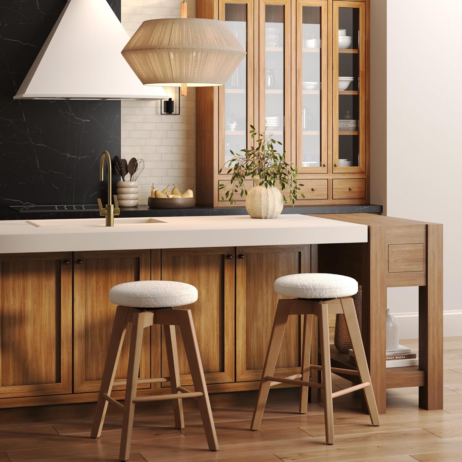 Nathan James Amalia Bohemian Swivel Bar Stool, Backless Counter Height Boucle Counter Stool with Solid Wood Legs and Upholstered Seat, White Oak