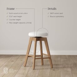 Nathan James Amalia Bohemian Swivel Bar Stool, Backless Counter Height Boucle Counter Stool with Solid Wood Legs and Upholstered Seat, White Oak