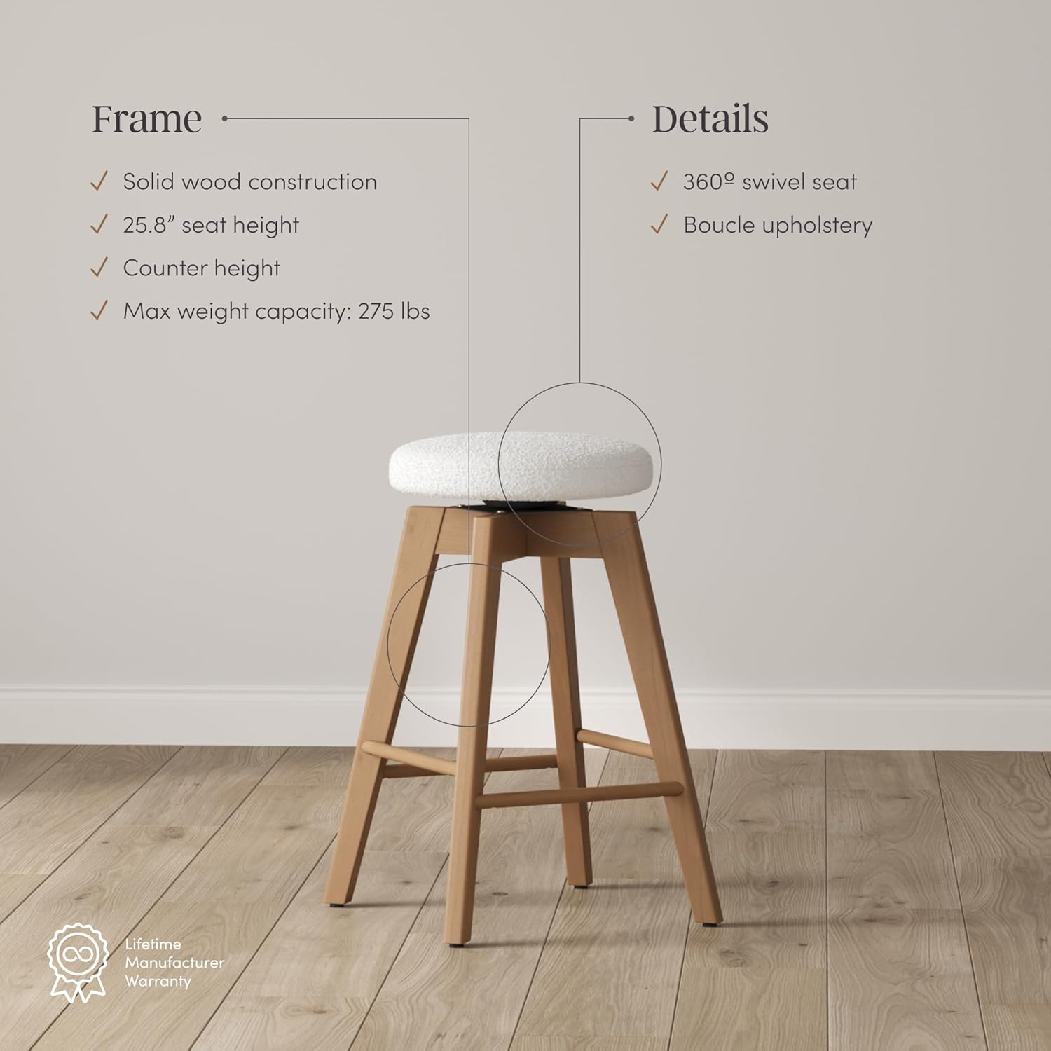 Nathan James Amalia Bohemian Swivel Bar Stool, Backless Counter Height Boucle Counter Stool with Solid Wood Legs and Upholstered Seat, White Oak