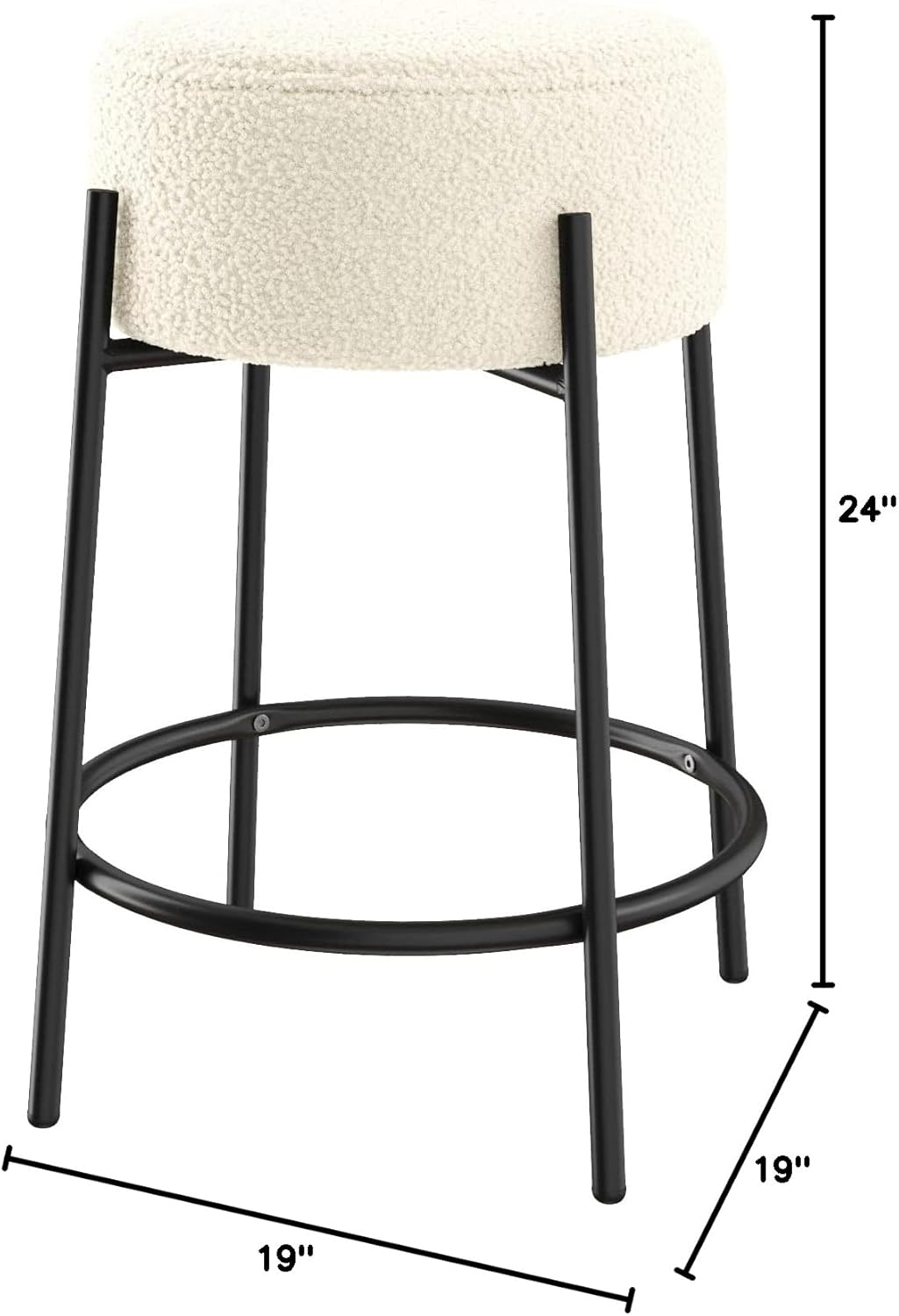 Nathan James Isaac 24" Modern Backless Bar Stool with Round Soft Padded Boucle Seat and Metal Mid-Century Base, Boucle White/Black