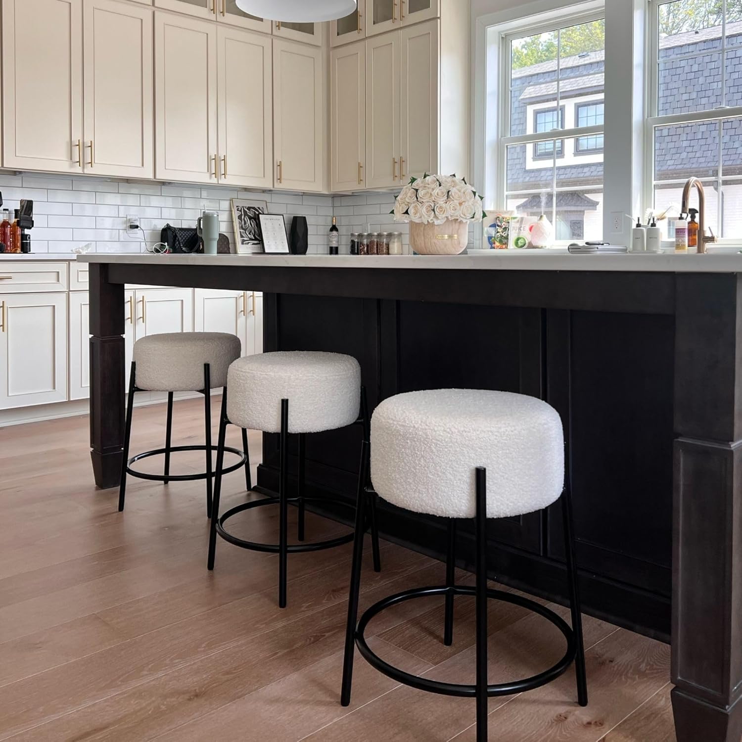 Nathan James Isaac 24" Modern Backless Bar Stool with Round Soft Padded Boucle Seat and Metal Mid-Century Base, Boucle White/Black