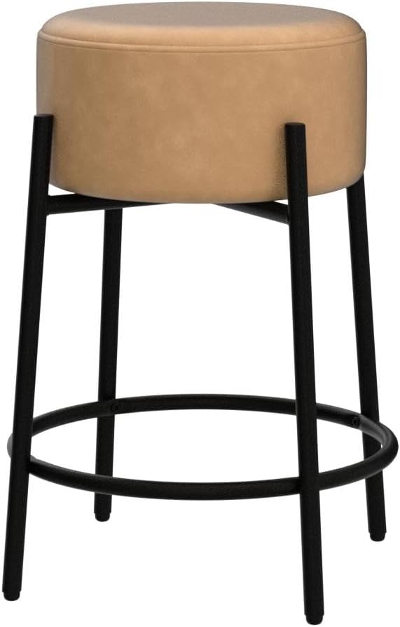 Nathan James Isaac 24" Modern Backless Bar Stool with Round Soft Padded Upholstered Seat and Metal Mid-Century Base, PU Light Brown/Black