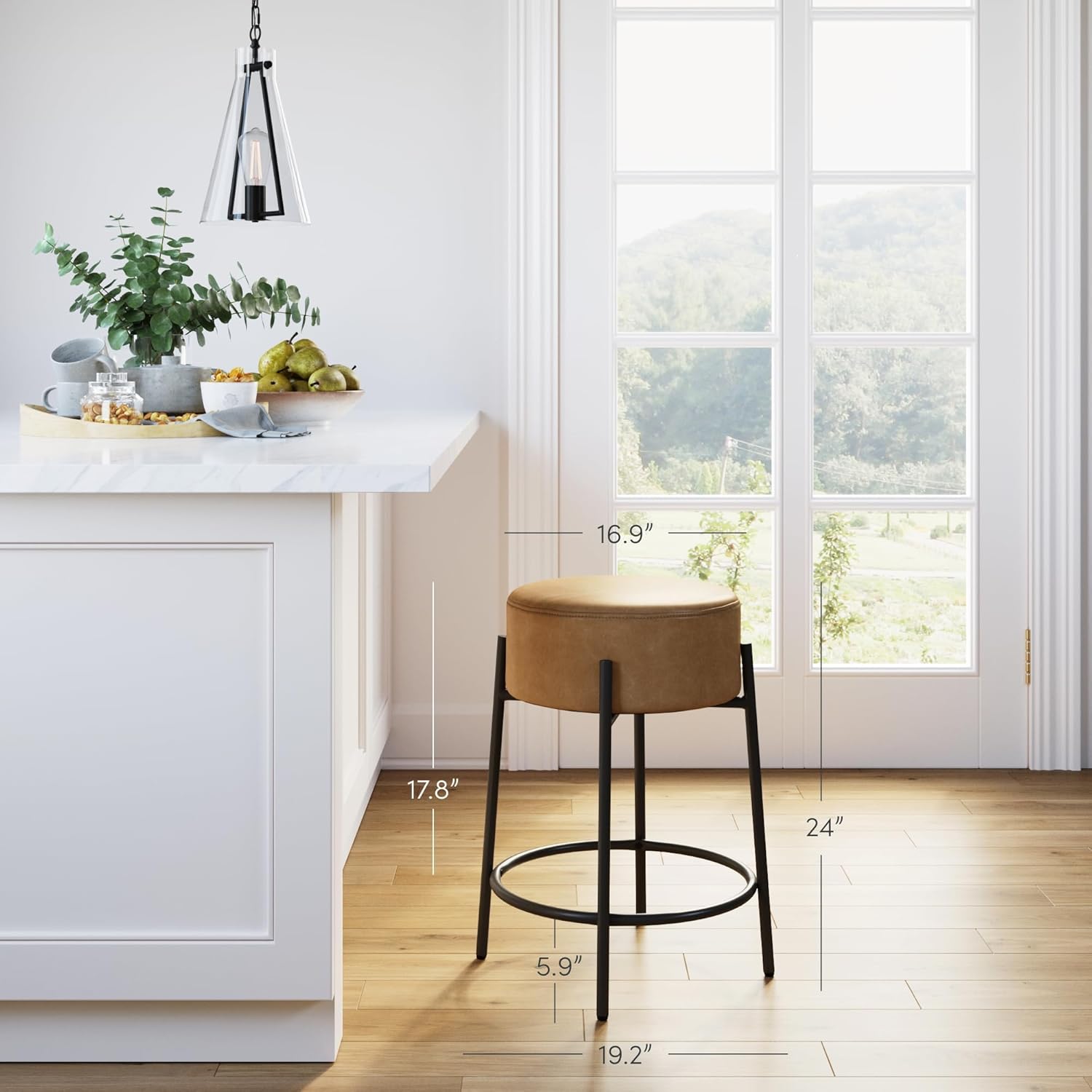 Nathan James Isaac 24" Modern Backless Bar Stool with Round Soft Padded Upholstered Seat and Metal Mid-Century Base, PU Light Brown/Black