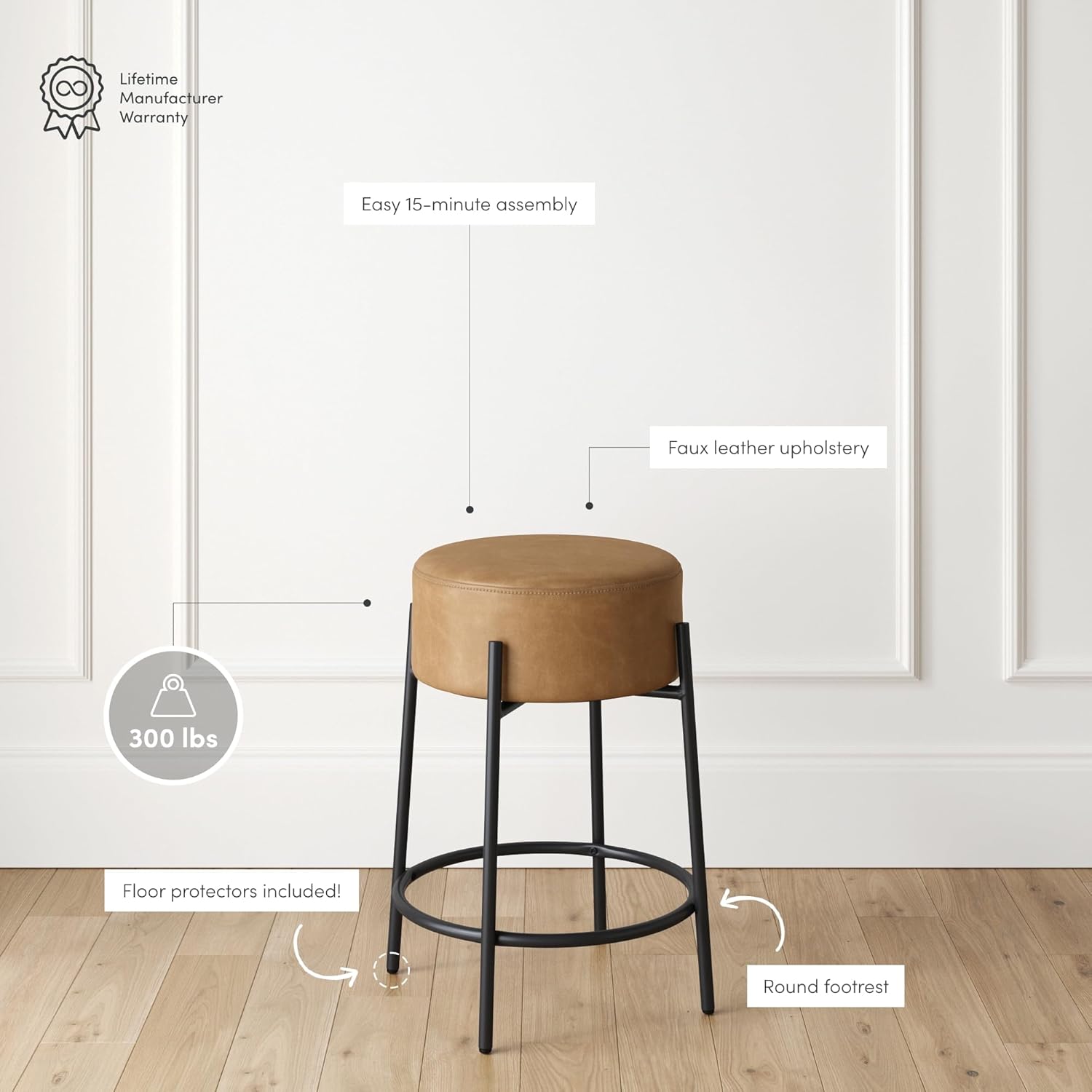Nathan James Isaac 24" Modern Backless Bar Stool with Round Soft Padded Upholstered Seat and Metal Mid-Century Base, PU Light Brown/Black