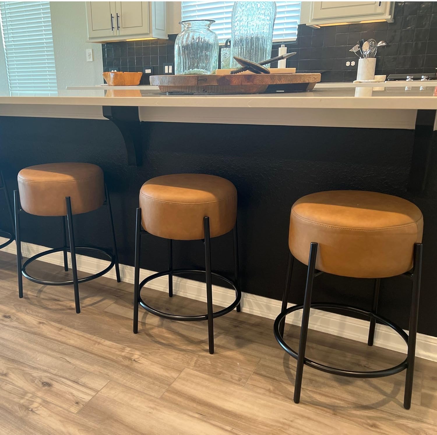 Nathan James Isaac 24" Modern Backless Bar Stool with Round Soft Padded Upholstered Seat and Metal Mid-Century Base, PU Light Brown/Black