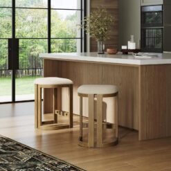 Nathan James Veya Modern Backless Bar Stool, Barrel Bar Stool with Boucle Upholstery and Solid Wood Legs, Light Brown