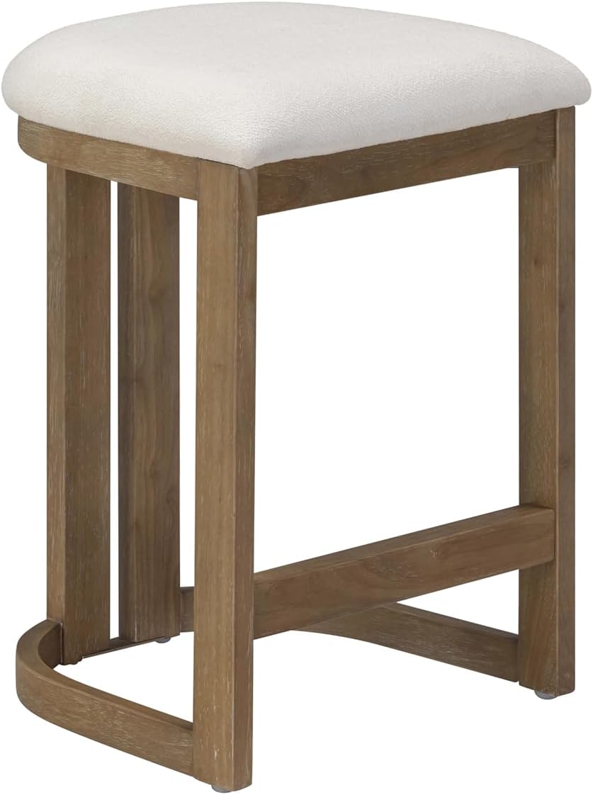 Nathan James Veya Modern Backless Bar Stool, Barrel Bar Stool with Boucle Upholstery and Solid Wood Legs, Light Brown