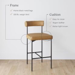 Nathan James Dahlia Counter Height Chair, Modern Barstool with Back, Mid-Century Metal Legs and Leather Padded Cushion for Kitchen, Island and Bars, Brown/Black