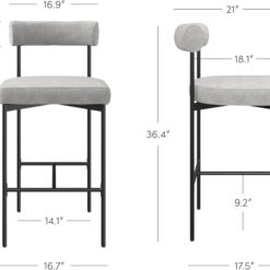 Nathan James Dahlia Counter Height Chair, Modern Barstool with Back, Mid-Century Metal Legs and Padded Cushion for Kitchen, Island and Bars, Light Grey/Black