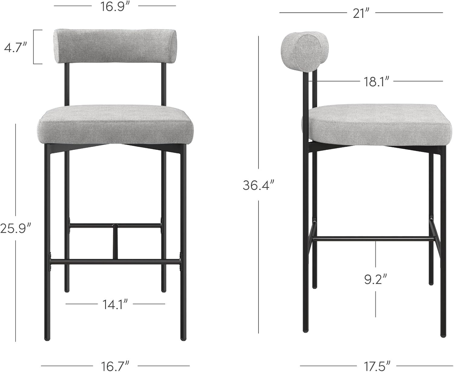 Nathan James Dahlia Counter Height Chair, Modern Barstool with Back, Mid-Century Metal Legs and Padded Cushion for Kitchen, Island and Bars, Light Grey/Black