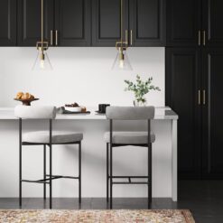 Nathan James Dahlia Counter Height Chair, Modern Barstool with Back, Mid-Century Metal Legs and Padded Cushion for Kitchen, Island and Bars, Light Grey/Black