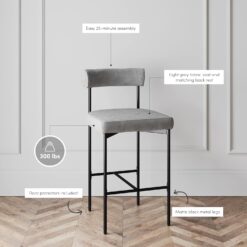 Nathan James Dahlia Counter Height Chair, Modern Barstool with Back, Mid-Century Metal Legs and Padded Cushion for Kitchen, Island and Bars, Light Grey/Black