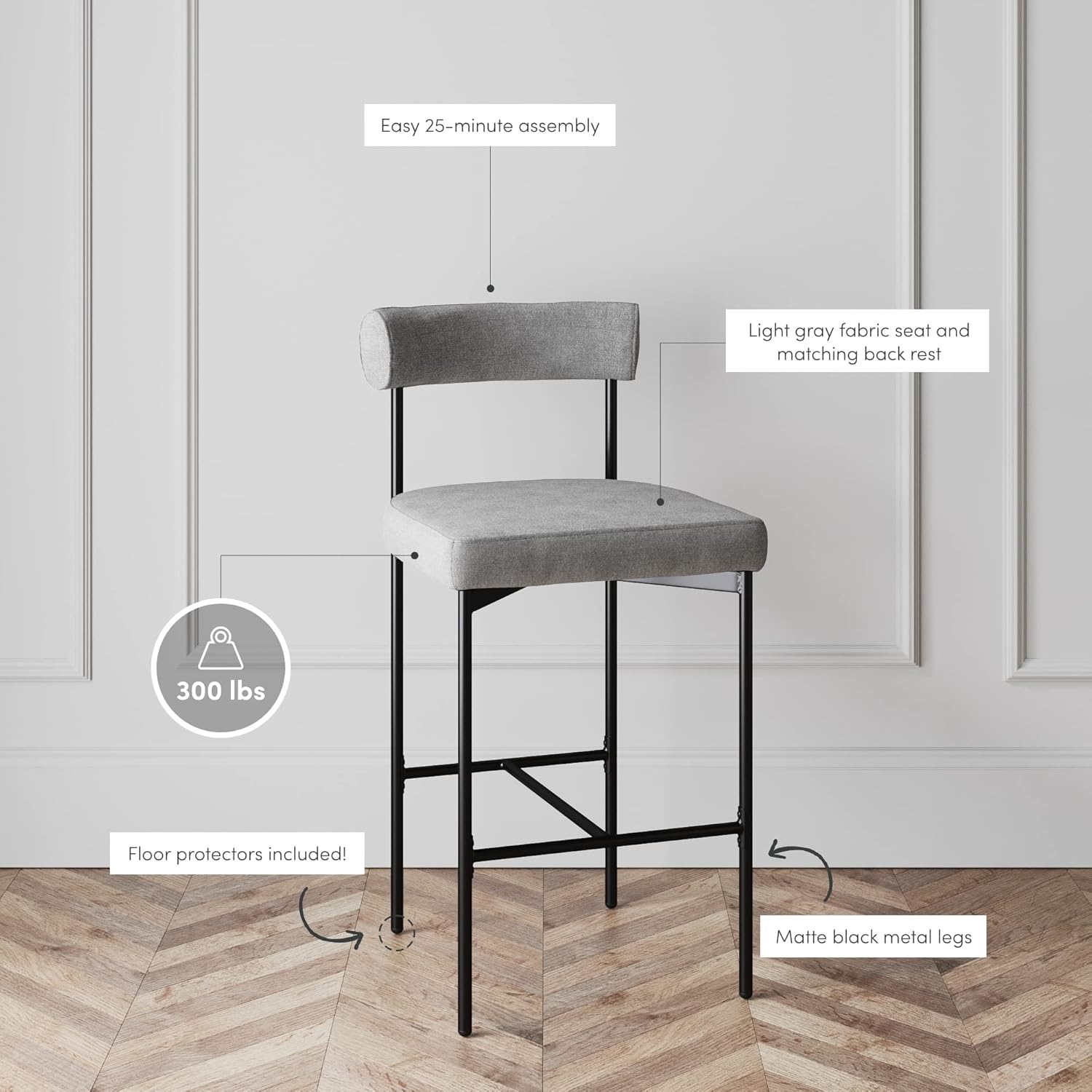 Nathan James Dahlia Counter Height Chair, Modern Barstool with Back, Mid-Century Metal Legs and Padded Cushion for Kitchen, Island and Bars, Light Grey/Black