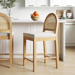 Nathan James Bailey Upholstered Rattan Bar Stool in Oak Finish Frame, Counter Height Stool with Natural Rattan Woven Back For Kitchen Island, Brown