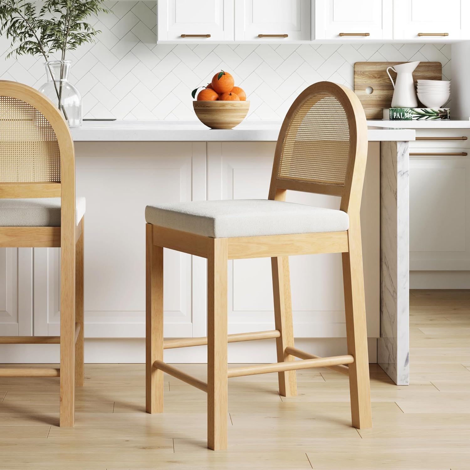 Nathan James Bailey Upholstered Rattan Bar Stool in Oak Finish Frame, Counter Height Stool with Natural Rattan Woven Back For Kitchen Island, Brown