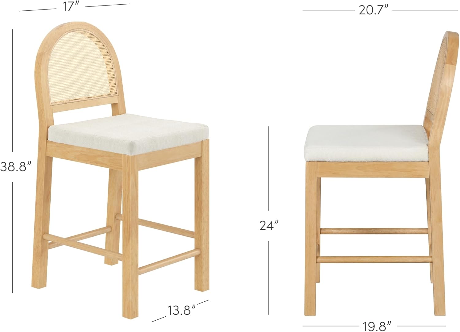 Nathan James Bailey Upholstered Rattan Bar Stool in Oak Finish Frame, Counter Height Stool with Natural Rattan Woven Back For Kitchen Island, Brown