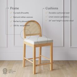 Nathan James Bailey Upholstered Rattan Bar Stool in Oak Finish Frame, Counter Height Stool with Natural Rattan Woven Back For Kitchen Island, Brown